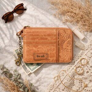The Sak Card ID Holder Wallet Soft Tobacco Leather Tooled Floral Keychain Travel